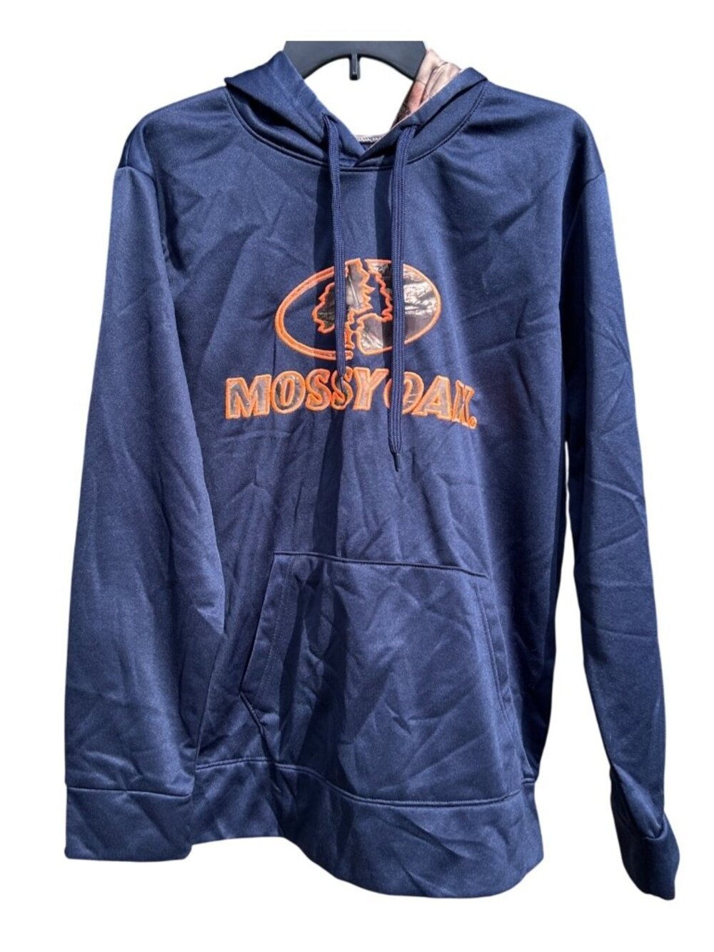 Mossy Oak Mens Size L Navy Hooded Sweatshirt With Camo Lined Hood & Logo Graphic